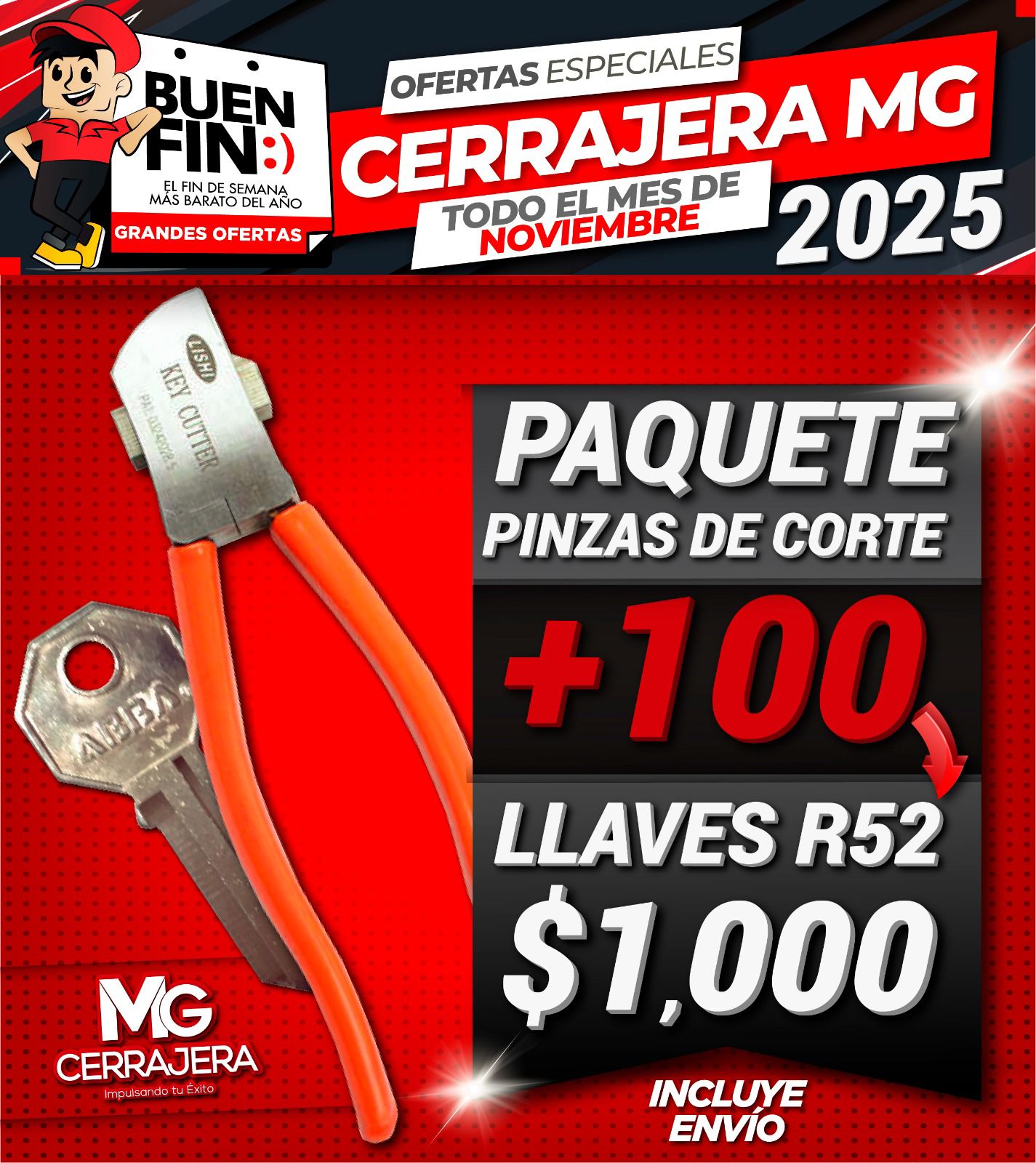 Paquete de Pinzas de Corte con 100 Llaves R52 | Herramienta para Cerrajería Profesional